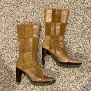 Vtg Y2K Square Toe Patchwork Tan Leather Heeled Boots - 8M